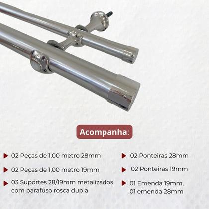 Imagem de Kit varão de cortina metalizado duplo de aço 2  metros 28/19mm ecowood 3 suportes c/ emenda