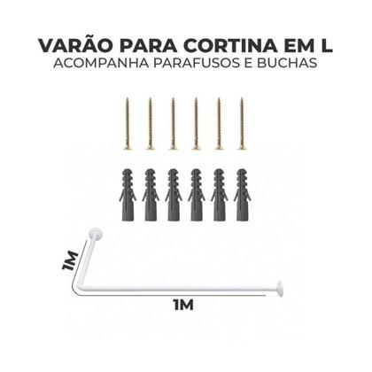 Imagem de Kit Varao em L Suporte haste Banheiro Box Preto 100X100cm + 2 Cortina Box LISA - BEGE