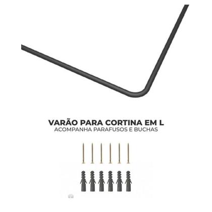 Imagem de Kit Varao em L Suporte haste Banheiro Box Preto 100X100cm + 2 Cortina Box LISA - BEGE