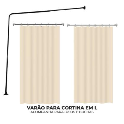 Imagem de Kit Varao em L Suporte haste Banheiro Box Preto 100X100cm + 2 Cortina Box LISA - BEGE