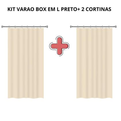 Imagem de Kit Varao em L Suporte haste Banheiro Box Preto 100X100cm + 2 Cortina Box LISA - BEGE
