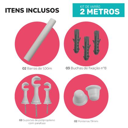 Imagem de Kit Varão Simples para Cortina de 2 Metros com 3 Suporte Espessura 19mm