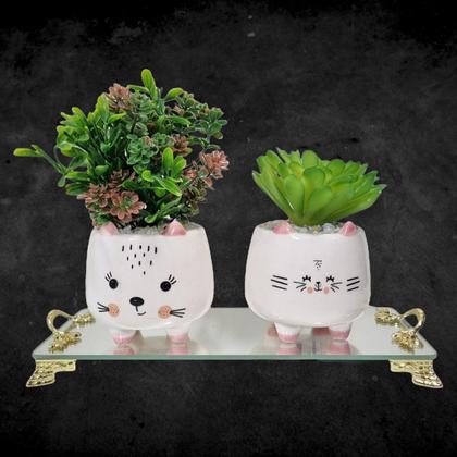 Imagem de Kit Vasinhos De Bichinhos Gatinhos Com Suculentas E Bandeja