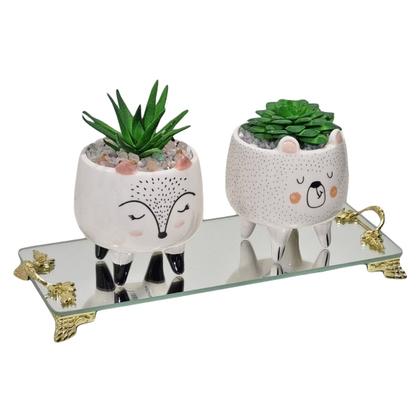 Imagem de Kit Vasinhos De Bichinhos Gatinhos Com Suculentas E Bandeja