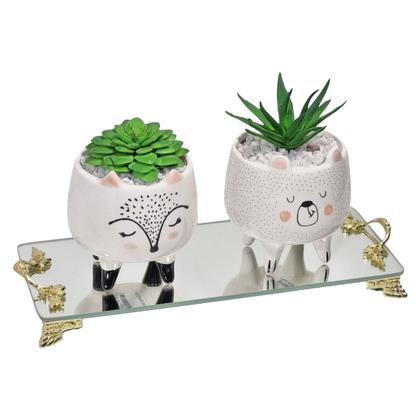 Imagem de Kit Vasinhos De Bichinhos Gatinhos Com Suculentas E Bandeja