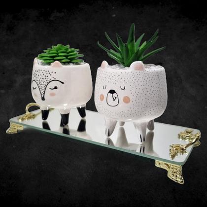 Imagem de Kit Vasinhos De Bichinhos Gatinhos Com Suculentas E Bandeja