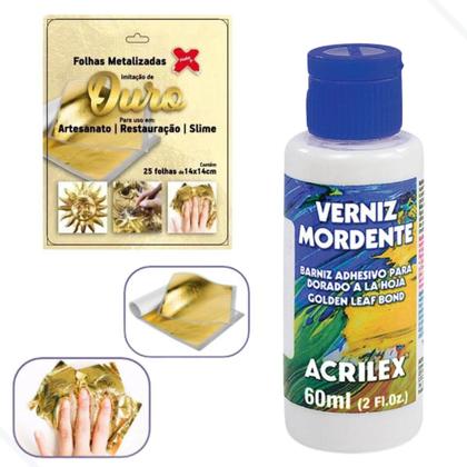 Imagem de Kit Verniz Mordente Acrilex 60ml + 25 Folhas de Ouro 14x14
