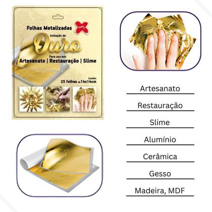 Imagem de Kit Verniz Mordente Acrilex 60ml + 25 Folhas de Ouro 14x14