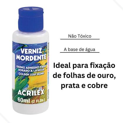 Imagem de Kit Verniz Mordente Acrilex 60ml + 25 Folhas de Ouro 14x14