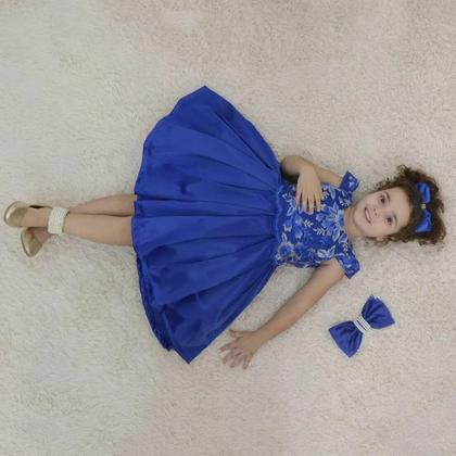 Imagem de Kit Vestido azul com tule francês e bordado + saia de filó + laço