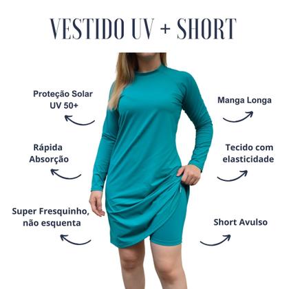 Imagem de Kit Vestido Comportado Saída De Praia + Short Evangélico Manga Longa Proteção Solar Piscina