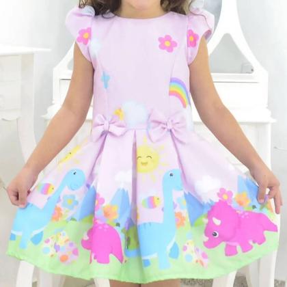 Imagem de Kit Vestido Dinossauros - Festa Bebês e Meninas + Laço para Cabelo