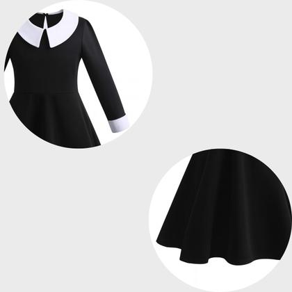 Imagem de Kit Vestido Fantasia Wandinha Halloween Infantil Festa Menin