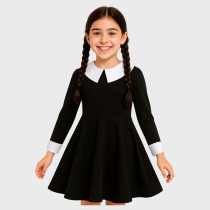 Imagem de Kit Vestido Fantasia Wandinha Halloween Infantil Festa Menin