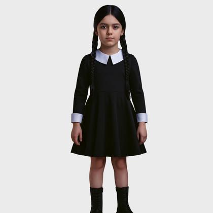 Imagem de Kit Vestido Fantasia Wandinha Halloween Infantil Festa Menin