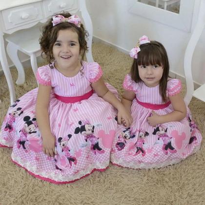 Imagem de Kit Vestido festa Minnie Rosa superluxo + laço + saia de filó