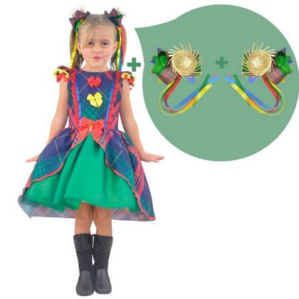 Imagem de Kit Vestido infantil Festa Junina Xadrez Tule Verde + 2 Laços