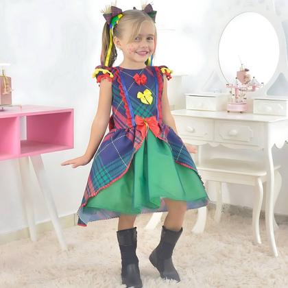 Imagem de Kit Vestido infantil Festa Junina Xadrez Tule Verde + 2 Laços