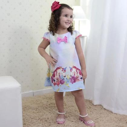 Imagem de Kit Vestido Infantil Unicórnios Laço Rosa + Tiara