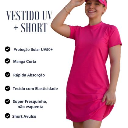 Imagem de Kit Vestido UV Manga Curta + Shorts Saída De Praia Moda Praia Evangélica Piscina