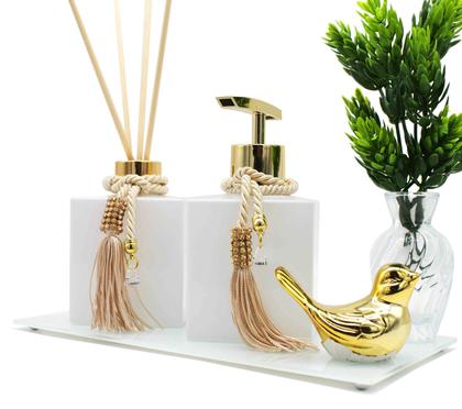 Imagem de Kit Vidros Luxo Para Banheiro Lavabo Cubo Branco 250ml Vál. Sabonete e Difusor + Bandeja e Enfeite