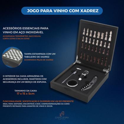 Imagem de Kit Vinho Com 4 Acessórios Inox E Tabuleiro Jogo De Xadrez