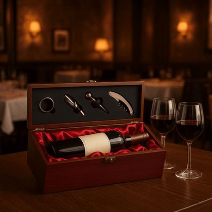 Imagem de Kit Vinho Com 5 Peças Com Estojo E Porta Vinho De Madeira