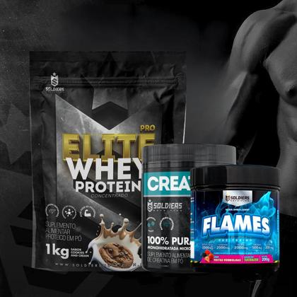 Imagem de Kit: Whey Protein Elite 1kg + Creatina Monohidratada Pote 300g - 100% Pura + Pré-Treino Flames 200g - Soldiers Nutritio