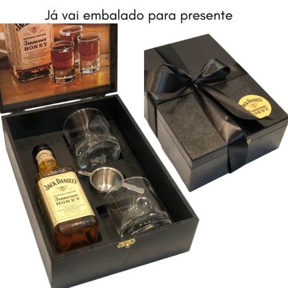 Imagem de Kit Whisky Jack Honey 1l Presente + 2 Copos Vidro + Dosador