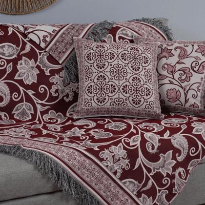 Imagem de Kit Xale Sofá Com Almofadas Cheias Jacquard 5Pçs Dupla Face