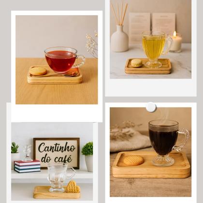 Imagem de Kit Xícara de Chá Café Pires Retangular de Madeira Cafezinho
