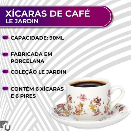 Imagem de Kit Xícara de Porcelana para Café Le Jardin Com Pires - 6 Unidades - 90ml - Hauskraft