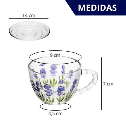 Imagem de Kit Xícara de Vidro Com Pires Pintura a Mão Flores Lavanda