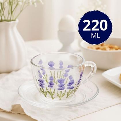 Imagem de Kit Xícara de Vidro Com Pires Pintura a Mão Flores Lavanda
