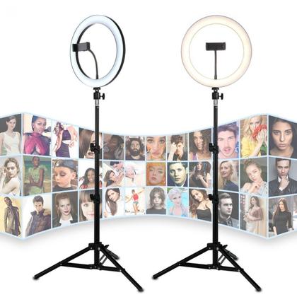 Imagem de Kit Youtuber Tripé Profissional Pedestal 2,10m + Luz Iluminador Led Ring Light 26cm Reclinável Suporte Celular Universal