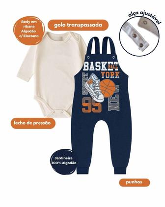 Imagem de Kit2 Jardineira Bebê Longa Algodão Menino Menina body gola envelope botão pressão ajuste altura P-GG