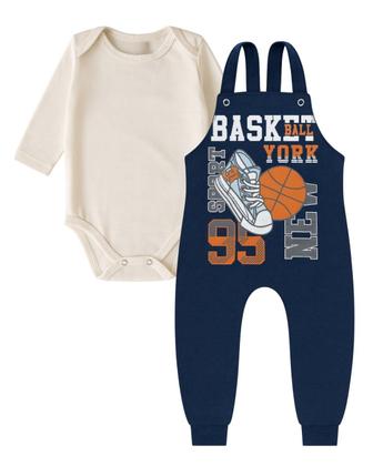 Imagem de Kit2 Jardineira Bebê Longa Algodão Menino Menina body gola envelope botão pressão ajuste altura P-GG