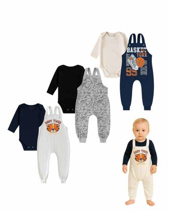 Imagem de Kit2 Jardineira Bebê Longa Algodão Menino Menina body gola envelope botão pressão ajuste altura P-GG