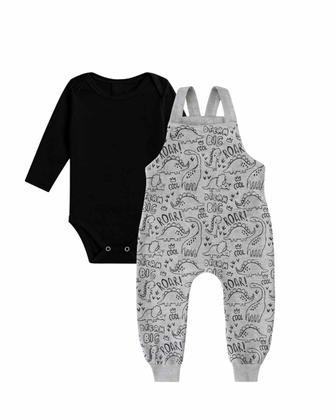 Imagem de Kit2 Jardineira Bebê Longa Algodão Menino Menina body gola envelope botão pressão ajuste altura P-GG