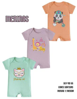 Imagem de Kit3 Romper Bebê Algodão Macaquinho Verão Menino Menina manga curta gola envelope botão pressão P-GG