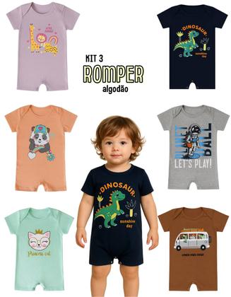 Imagem de Kit3 Romper Bebê Algodão Macaquinho Verão Menino Menina manga curta gola envelope botão pressão P-GG