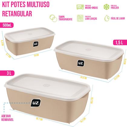 Imagem de Kits Potes Multiuso Premium Retangular 0,5L, 1,5L, 3L Praticos Plástico PP com Tampa Transparente Resistente e durável Micro-ondas