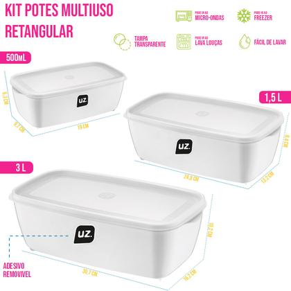 Imagem de Kits Potes Multiuso Premium Retangular 0,5L, 1,5L, 3L Praticos Plástico PP com Tampa Transparente Resistente e durável Micro-ondas