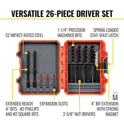 Imagem de Klein Tools 32799 Impact Driver Bit Set, 26 Bit Driver bit de bit de porca com estojo