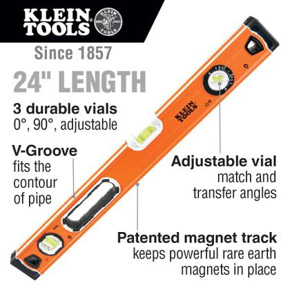 Imagem de Klein Tools Nível 935L, Nível de bolha magnética de 24 polegadas com frasco ajustável e v-groove superior, laranja viz alta