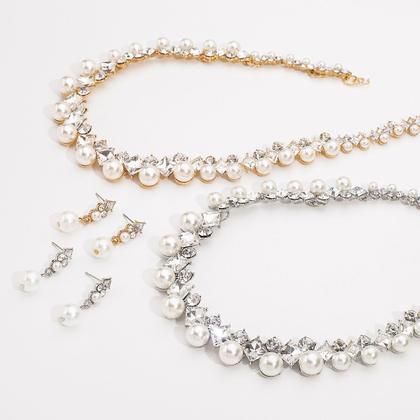 Imagem de L03144-Conjunto Feminino Colar Brinco Pérola Branco Zirconia Prata Festa Casamento Noiva Réveillon Minimalista Elegante