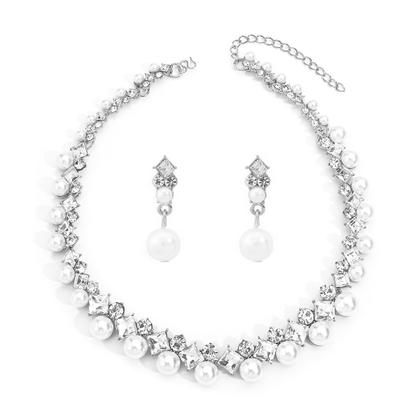 Imagem de L03144-Conjunto Feminino Colar Brinco Pérola Branco Zirconia Prata Festa Casamento Noiva Réveillon Minimalista Elegante