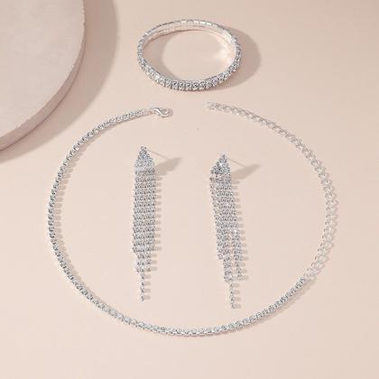 Imagem de L3206-Conjunto Feminino Colar Riviera Brinco Long Franja Pulseira Zirconia Festa Casamento Noiva Réveillon Elegante