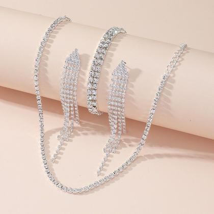 Imagem de L3206-Conjunto Feminino Colar Riviera Brinco Long Franja Pulseira Zirconia Festa Casamento Noiva Réveillon Elegante