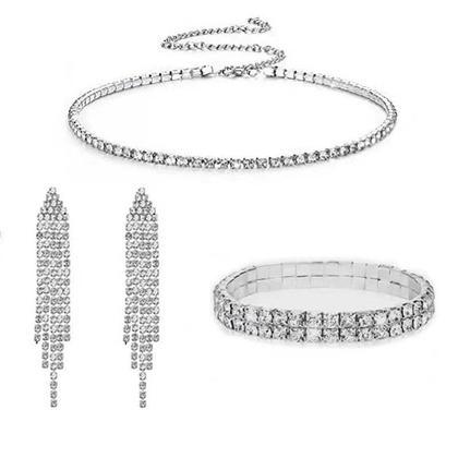Imagem de L3206-Conjunto Feminino Colar Riviera Brinco Long Franja Pulseira Zirconia Festa Casamento Noiva Réveillon Elegante
